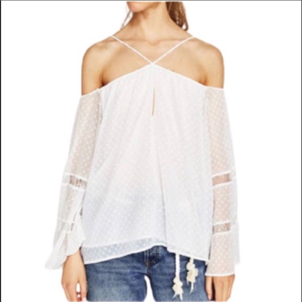 Zara Blouse Plumetis Sheer Chiffon Swiss Dot Off  Shoulder Bell Sleeve Top